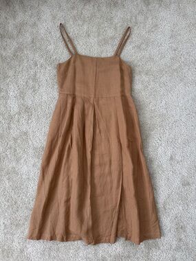 First Rite Linen Pleated Caramel Midi Dress Small